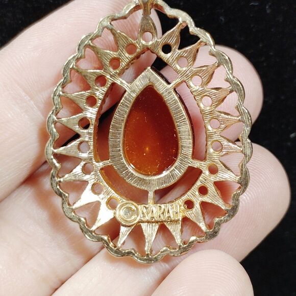 Vintage Sarah Coventry Necklace Golden Teardrop Choker Amber Cabochon 70's - Picture 5 of 6